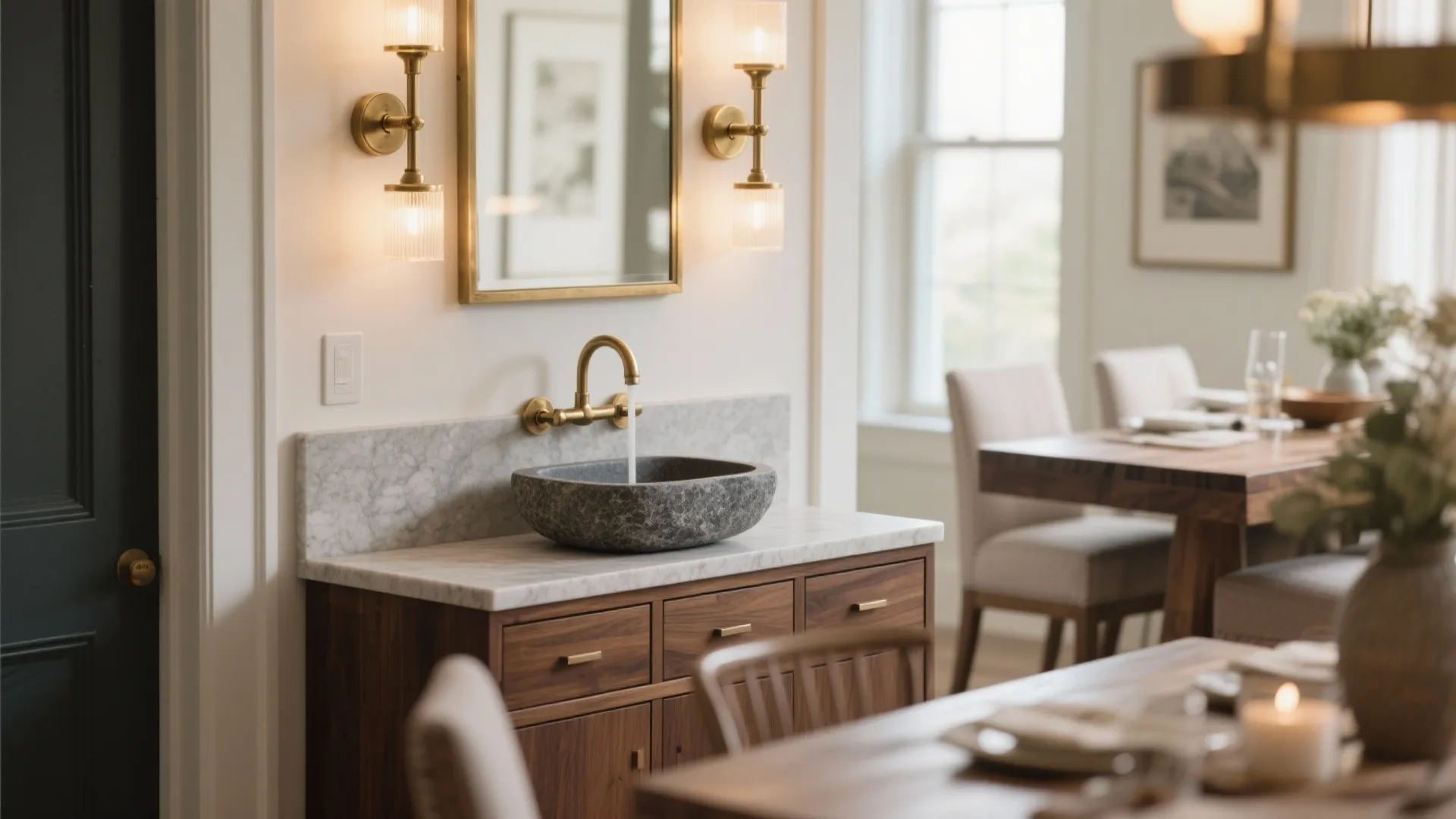 Stone Vessel Basin on Warm Wood Console