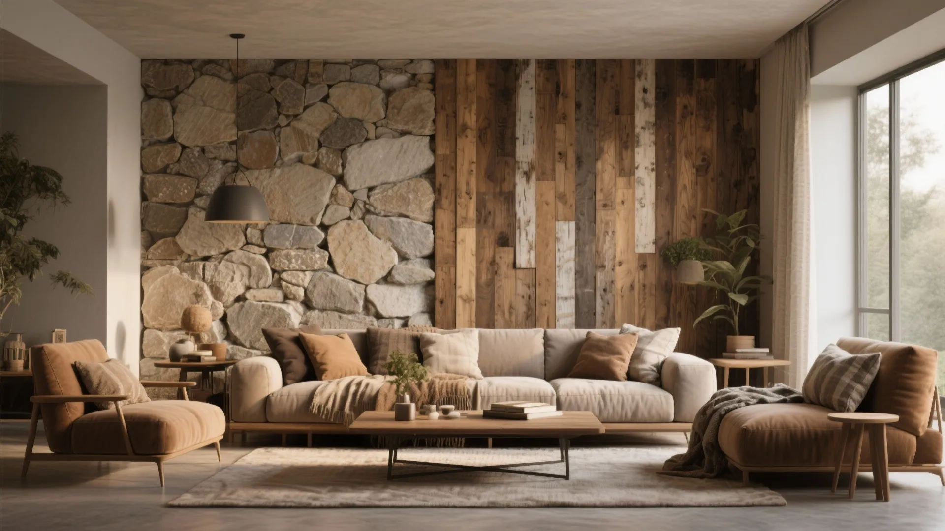 3. Mixed Material Wall with Stone and Wood