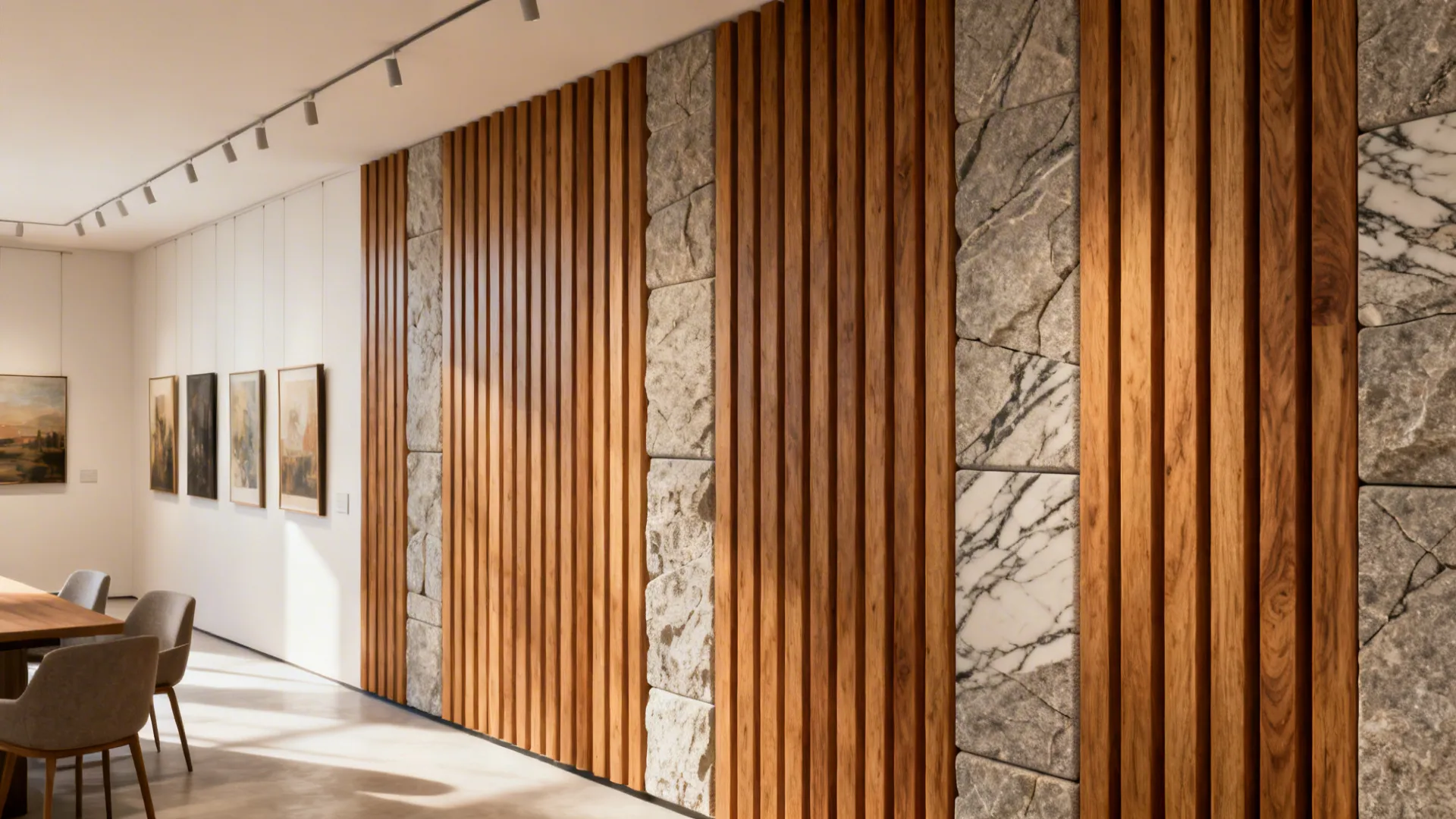 Modern room featuring a decorative wall with vertical wooden slats stone blocks and white marble patterns