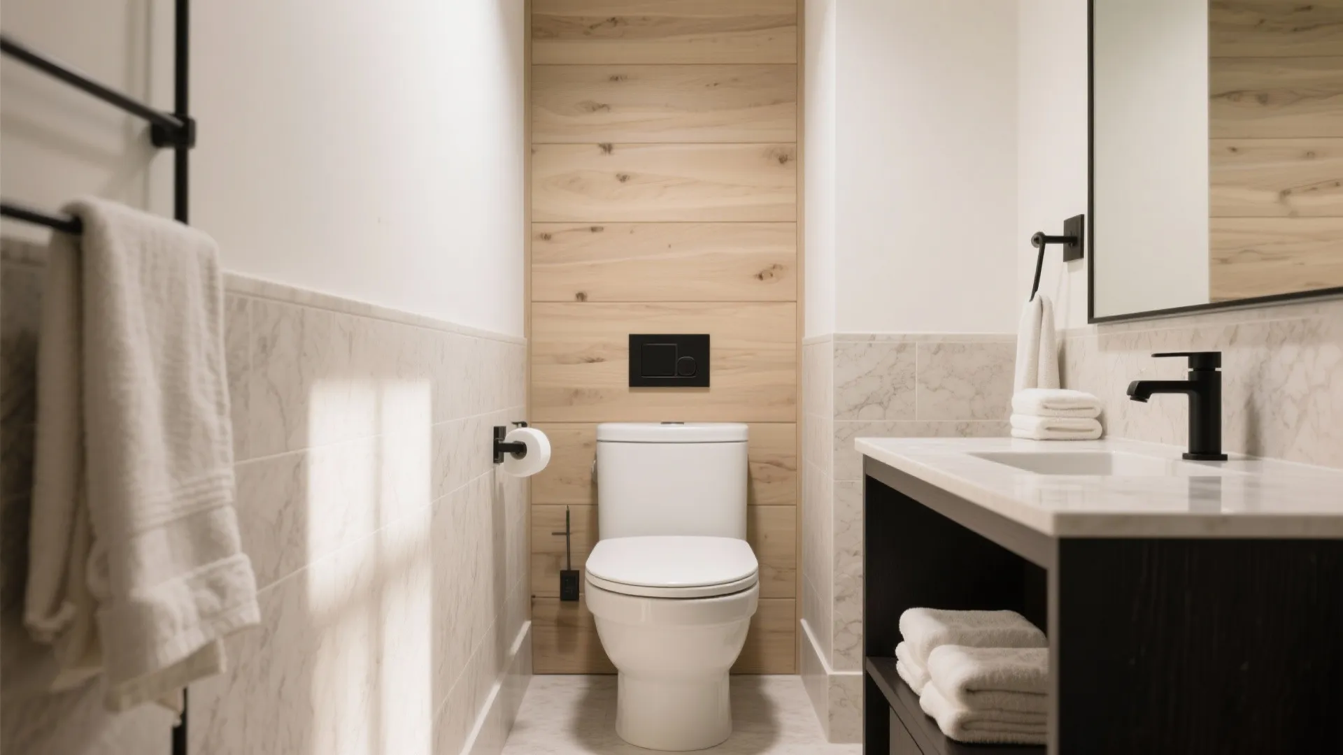 Small bathroom with white toilet wood wall panel dark cabinet white towels and black fixtures