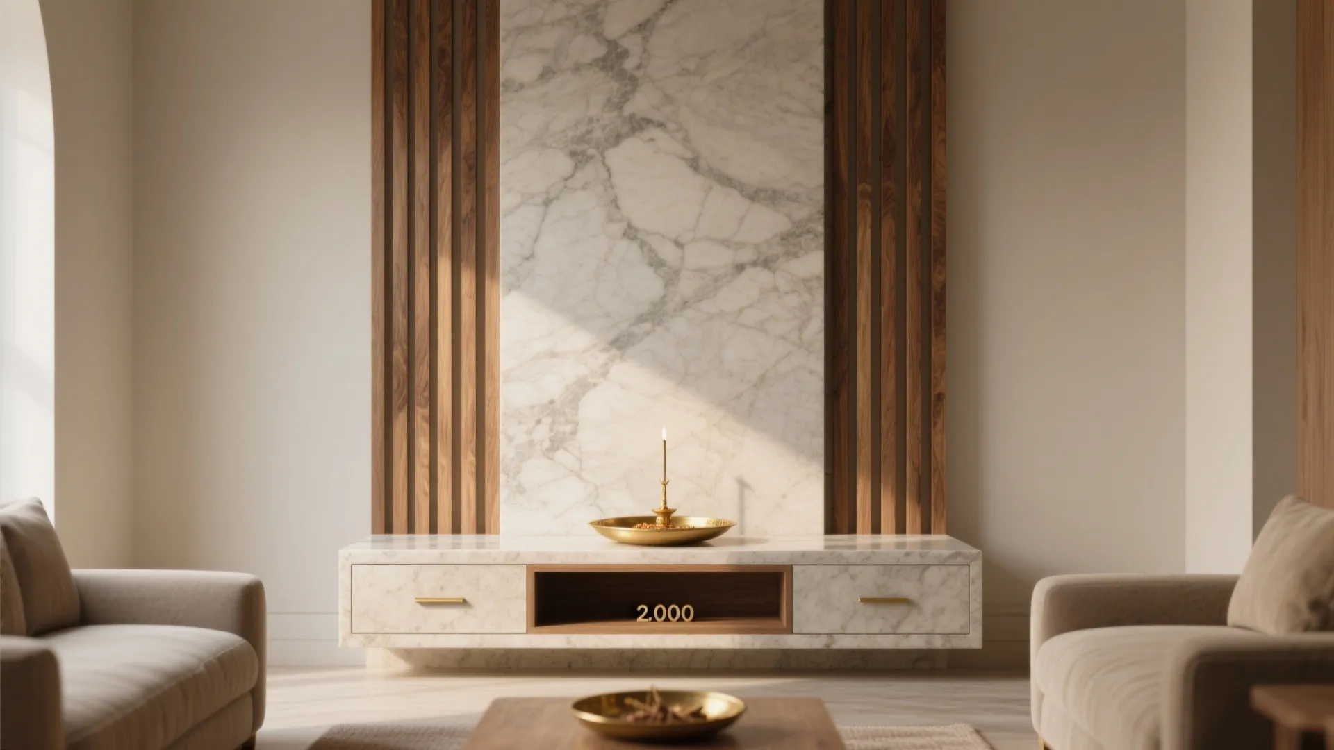 Minimalist stone-and-wood backdrop with concealed storage