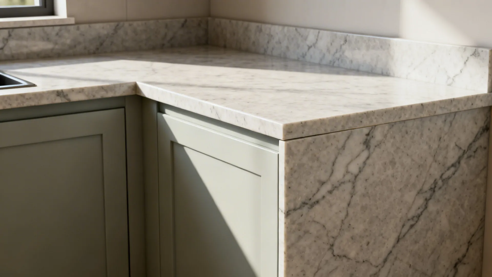 Before-and-after showing a quartz backsplash wrapped onto a cabinet side with a clean mitered seam.