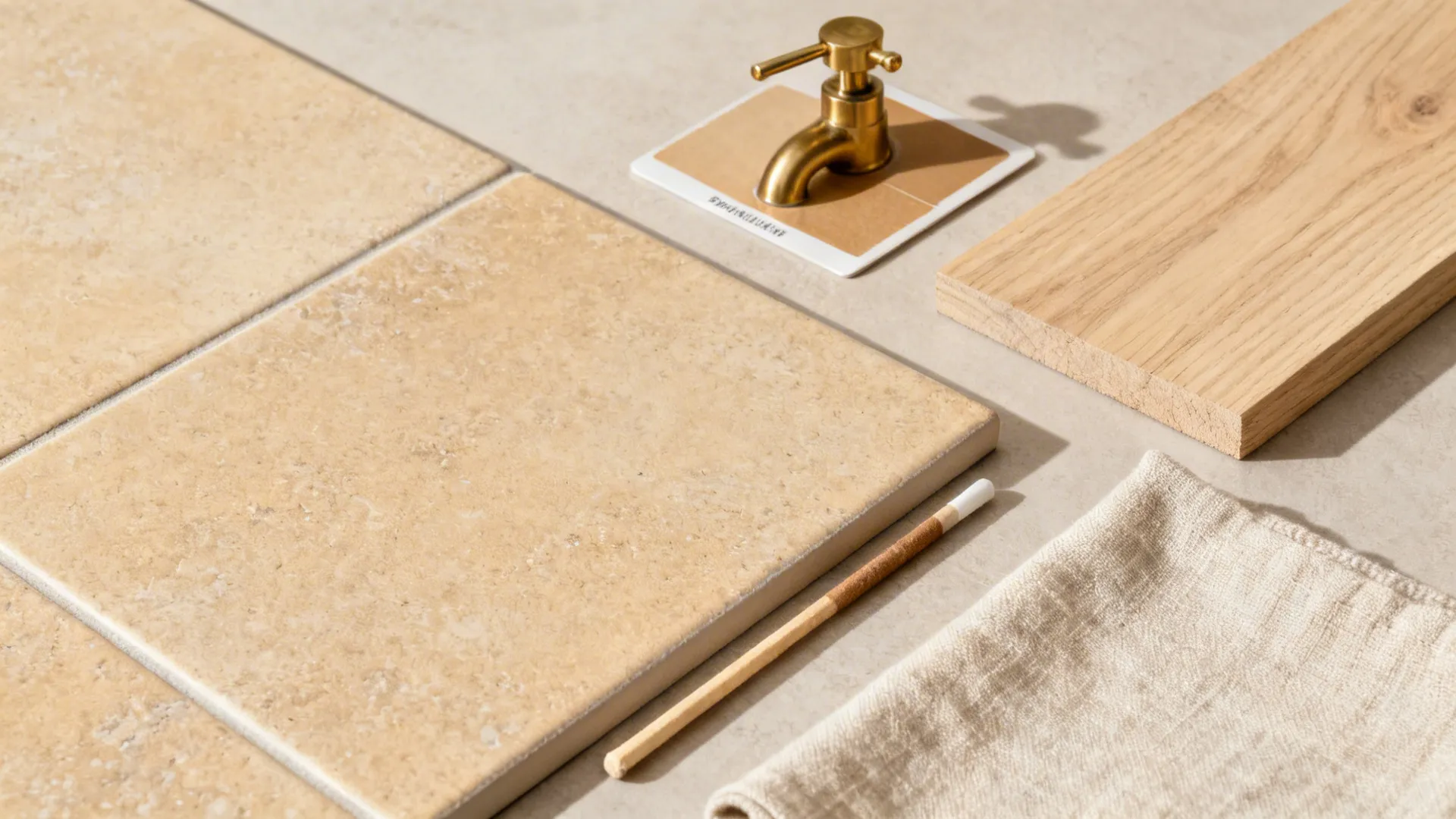 Material flatlay of beige stone-look tile, brass finish, grout, oak, and linen in soft light.