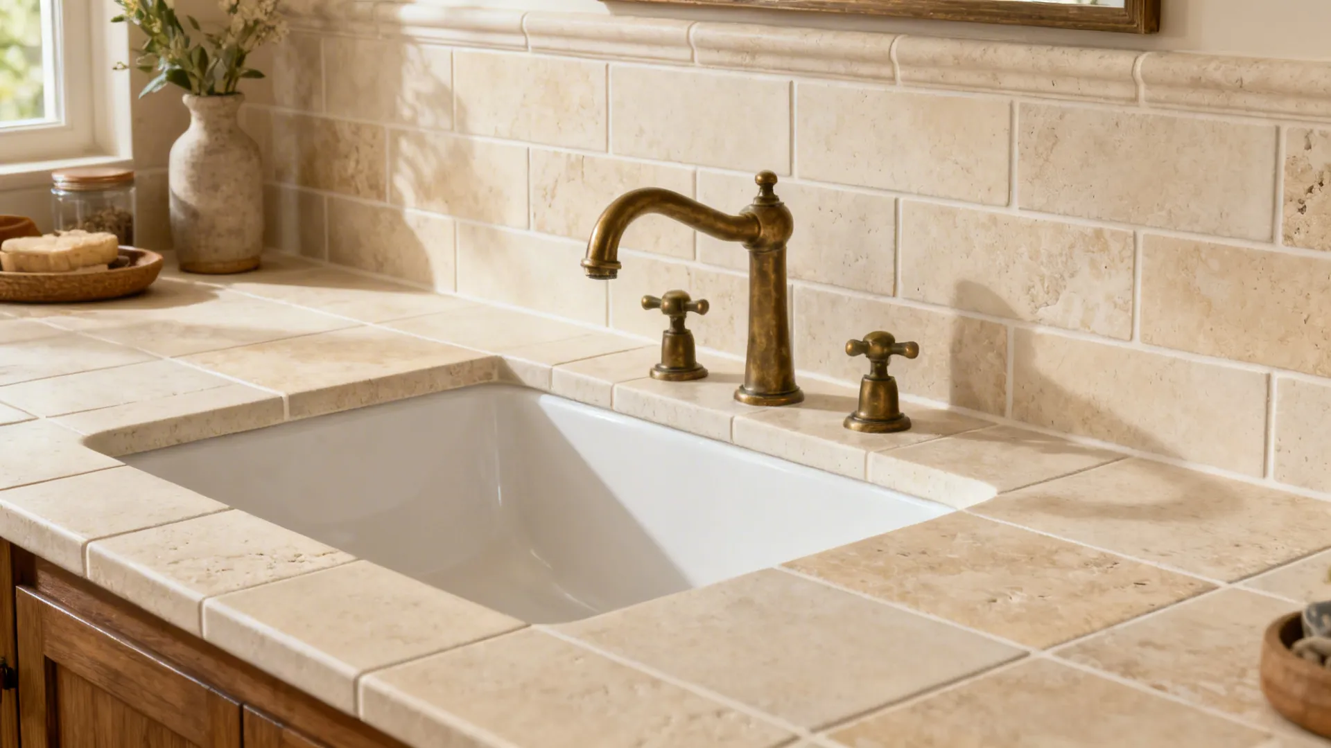 Honed stone-look porcelain backsplash in soft beige with a brass faucet by a dining basin.