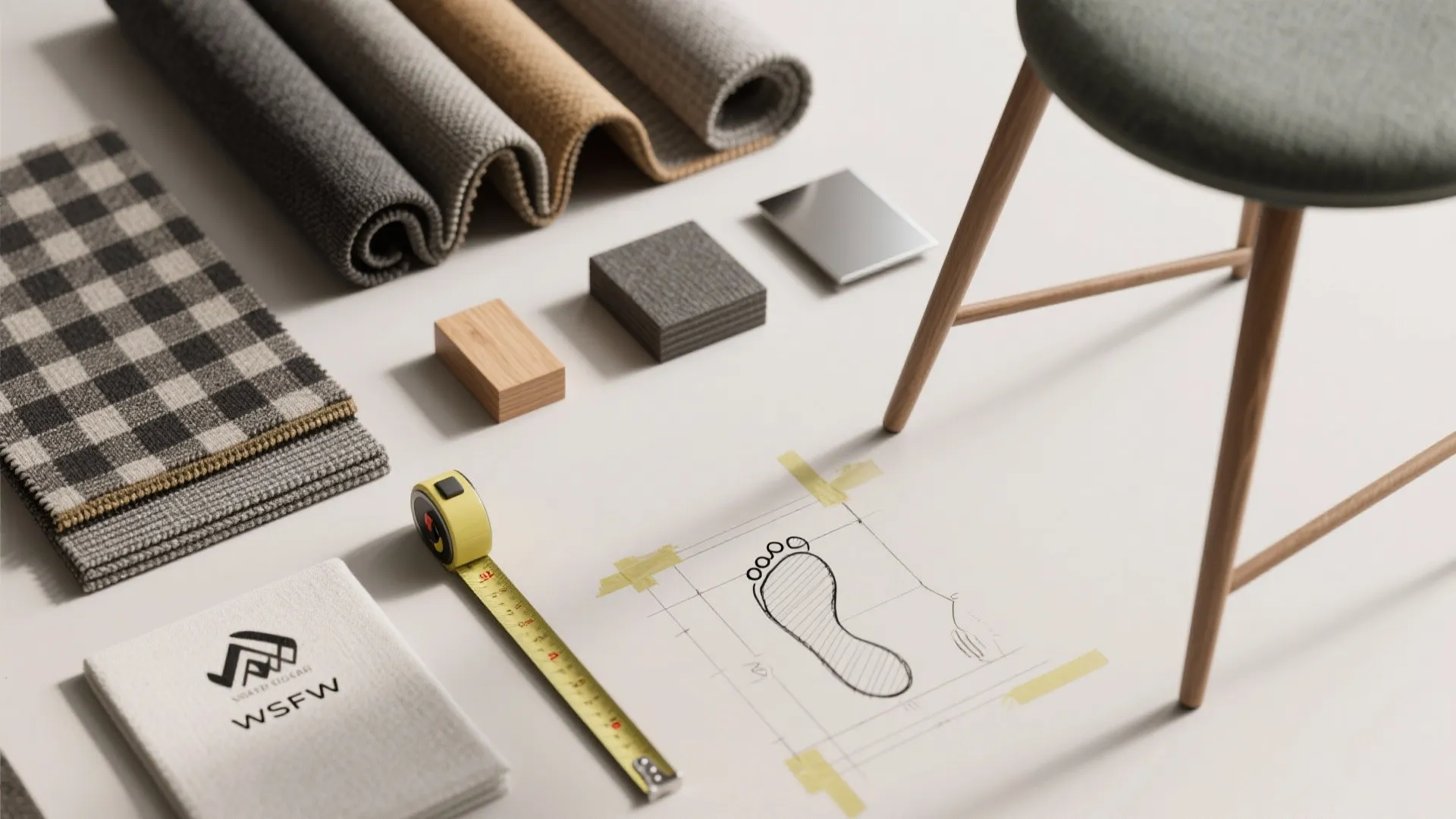 Interior design flat lay with fabric samples measuring tape wood block and foot sketch on floor