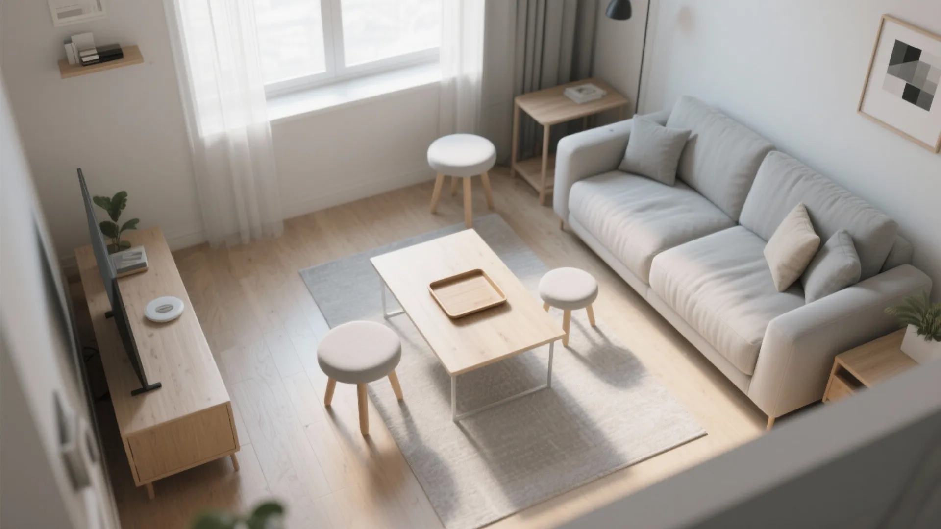 Modern living room layout with grey sofa wooden coffee table white rug and three stools