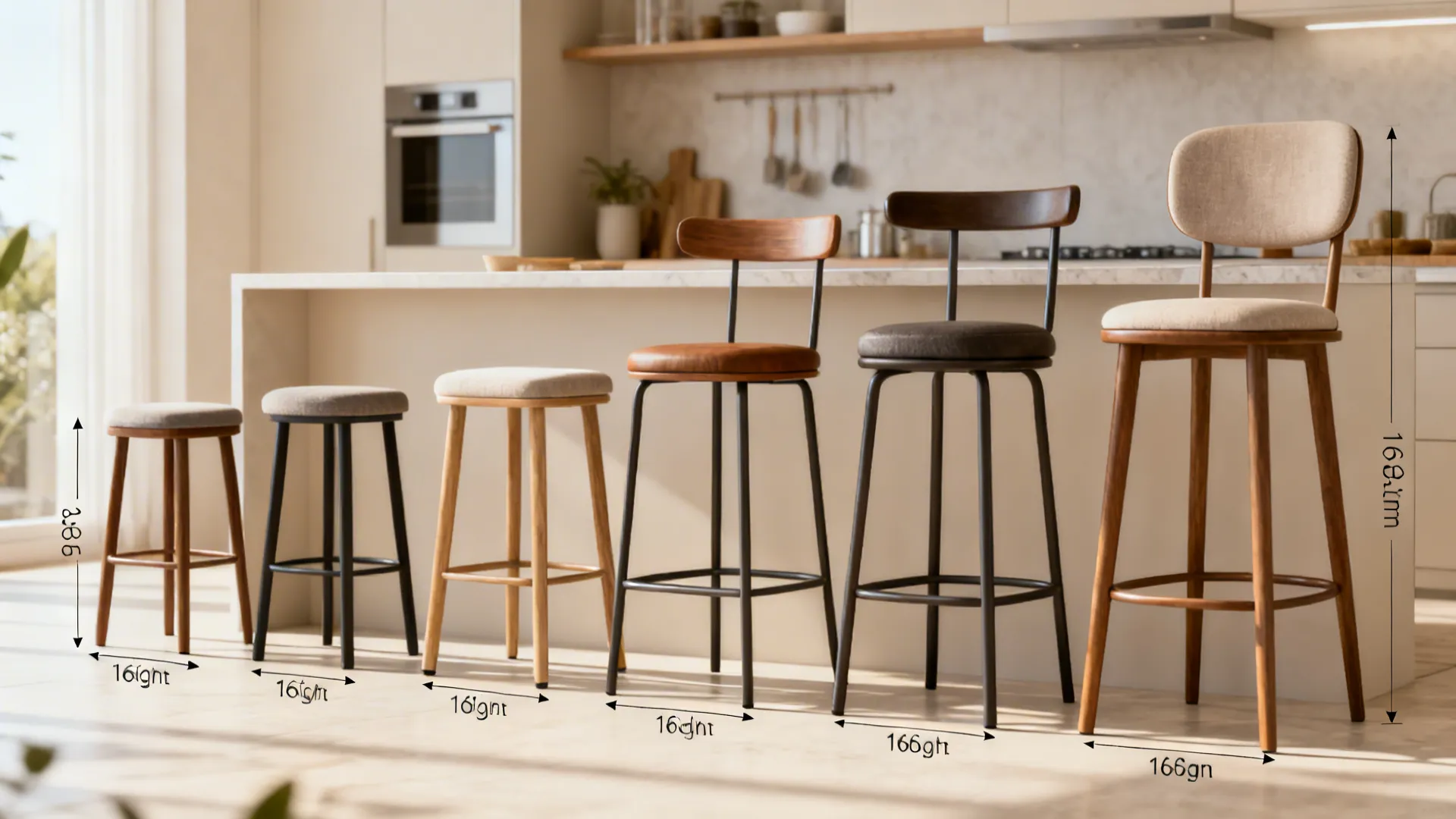 Lineup of different stool types with seat-height indicators to illustrate FAQ answers.