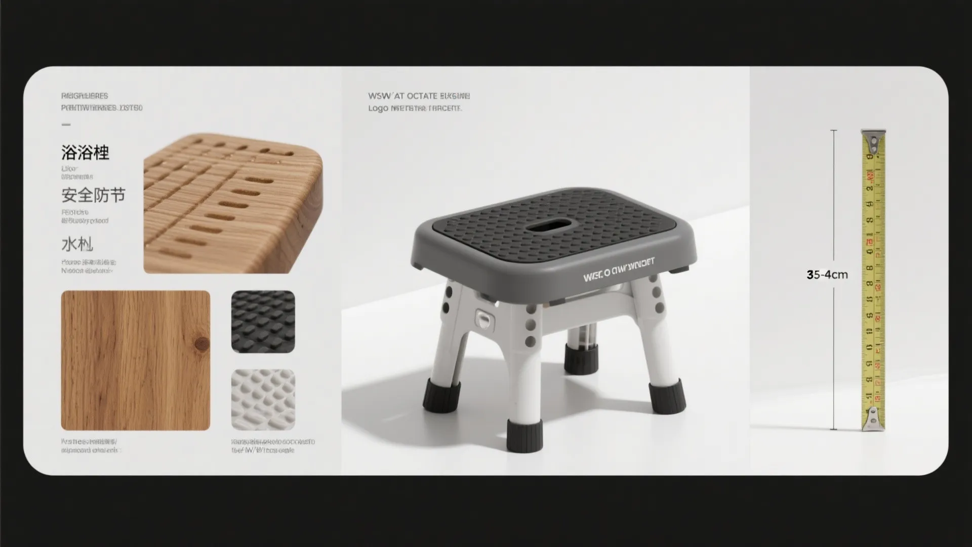 Collage of teak, plastic, non-slip feet and measurement tape illustrating stool options and sizes.
