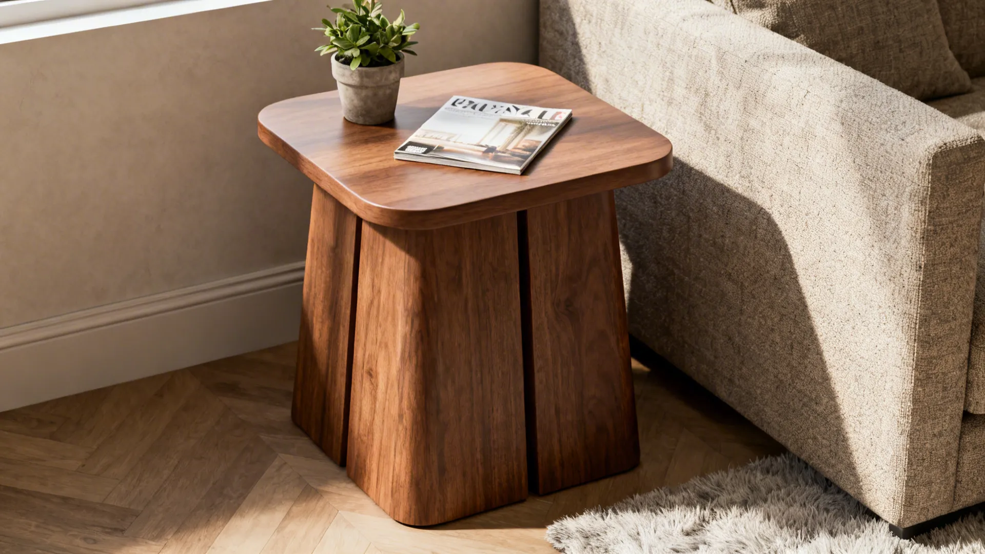 Solid wooden stool used as a multifunctional side table with a plant on top in a studio corner.