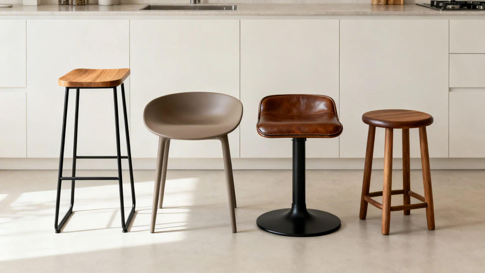 Four recommended stool styles displayed against a clean modern kitchen backdrop.