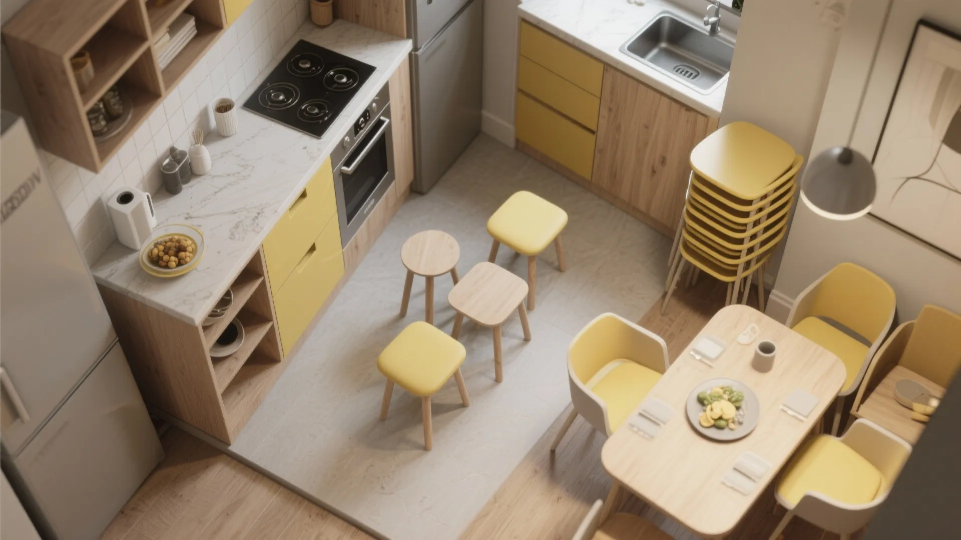 Modern small kitchen with yellow cabinets wooden stools dining table and stools viewed from above