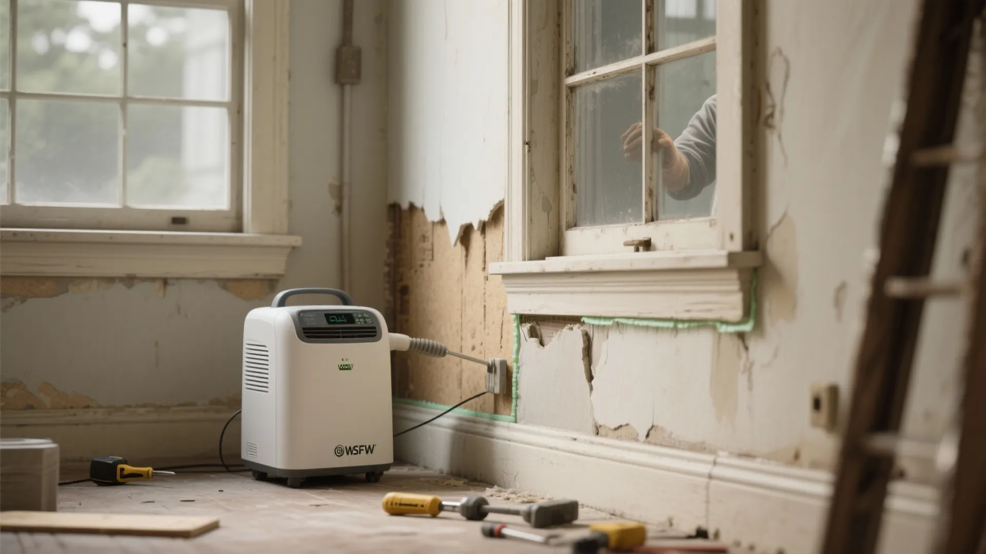 Portable air machine drying a damaged wall near windows with repair tools on the floor