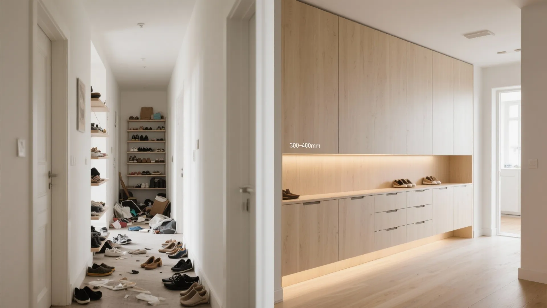 A floor-to-ceiling storage wall along the passage