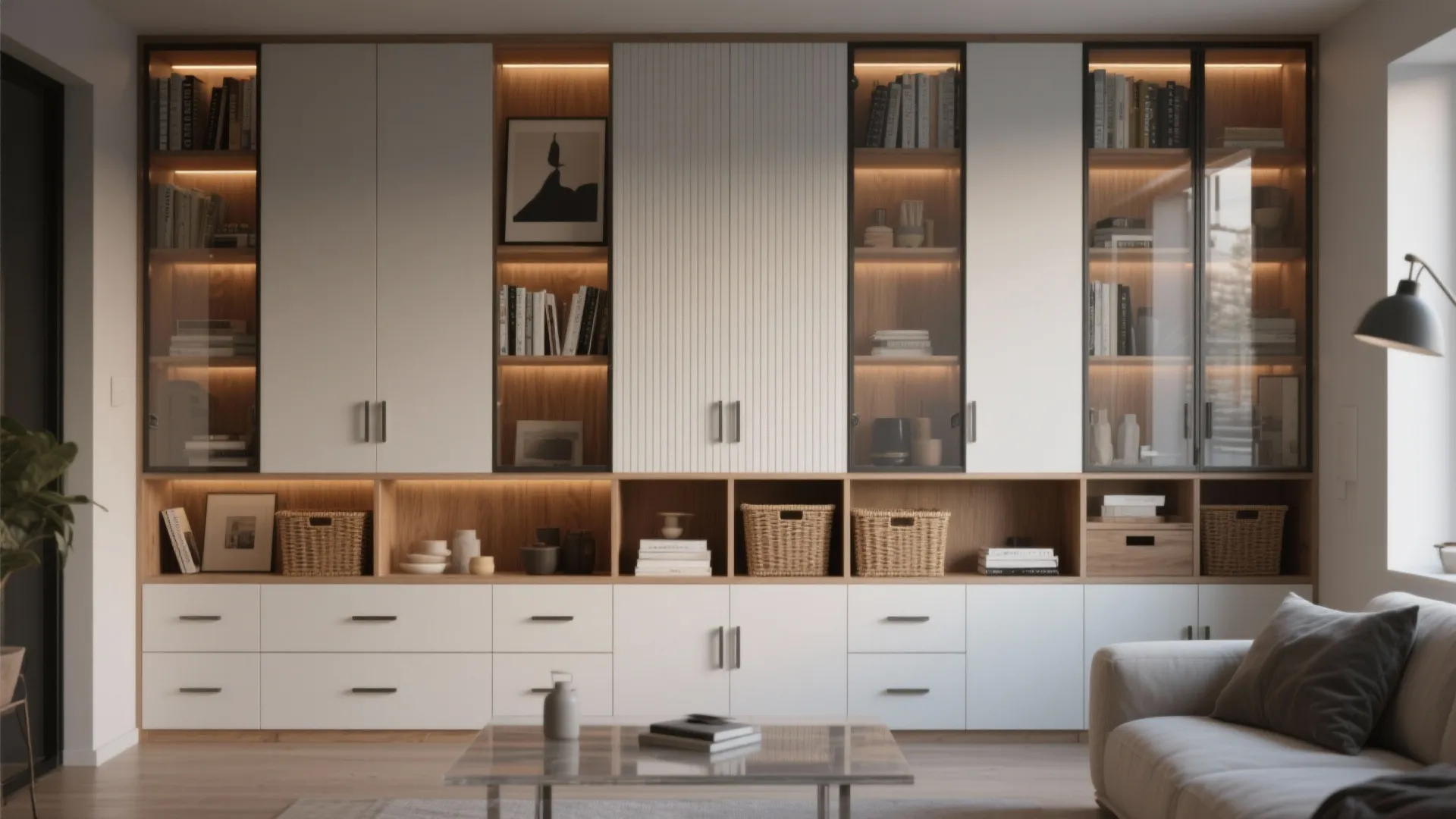 Floor-to-ceiling storage walls that calm visual noise