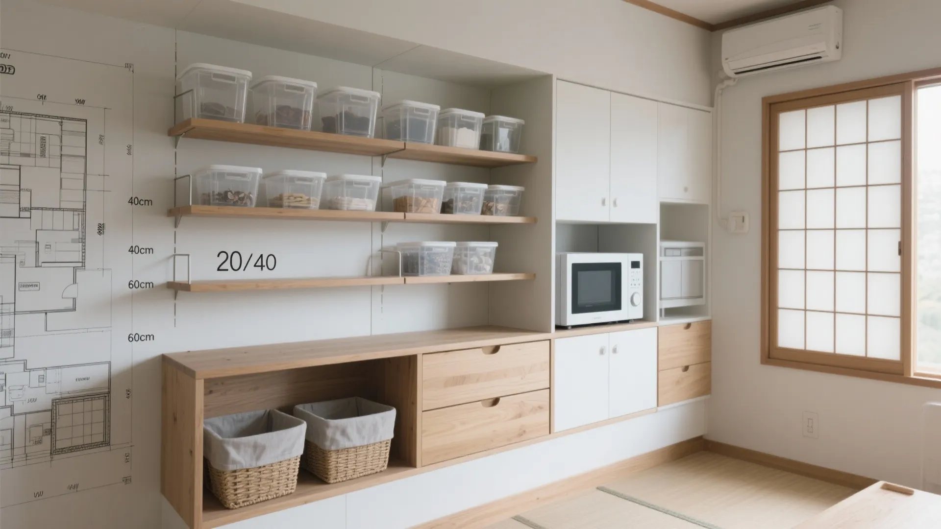 収納は“深さより幅リズム”：収納技巧で20/40/60の3段を使い分ける