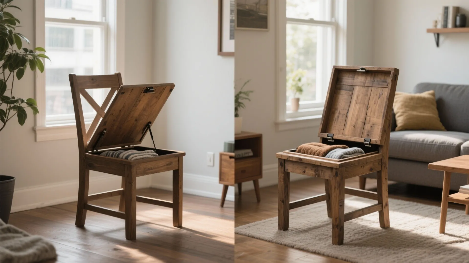 Wooden chair with a hidden storage seat holding folded blankets inside a bright modern living room