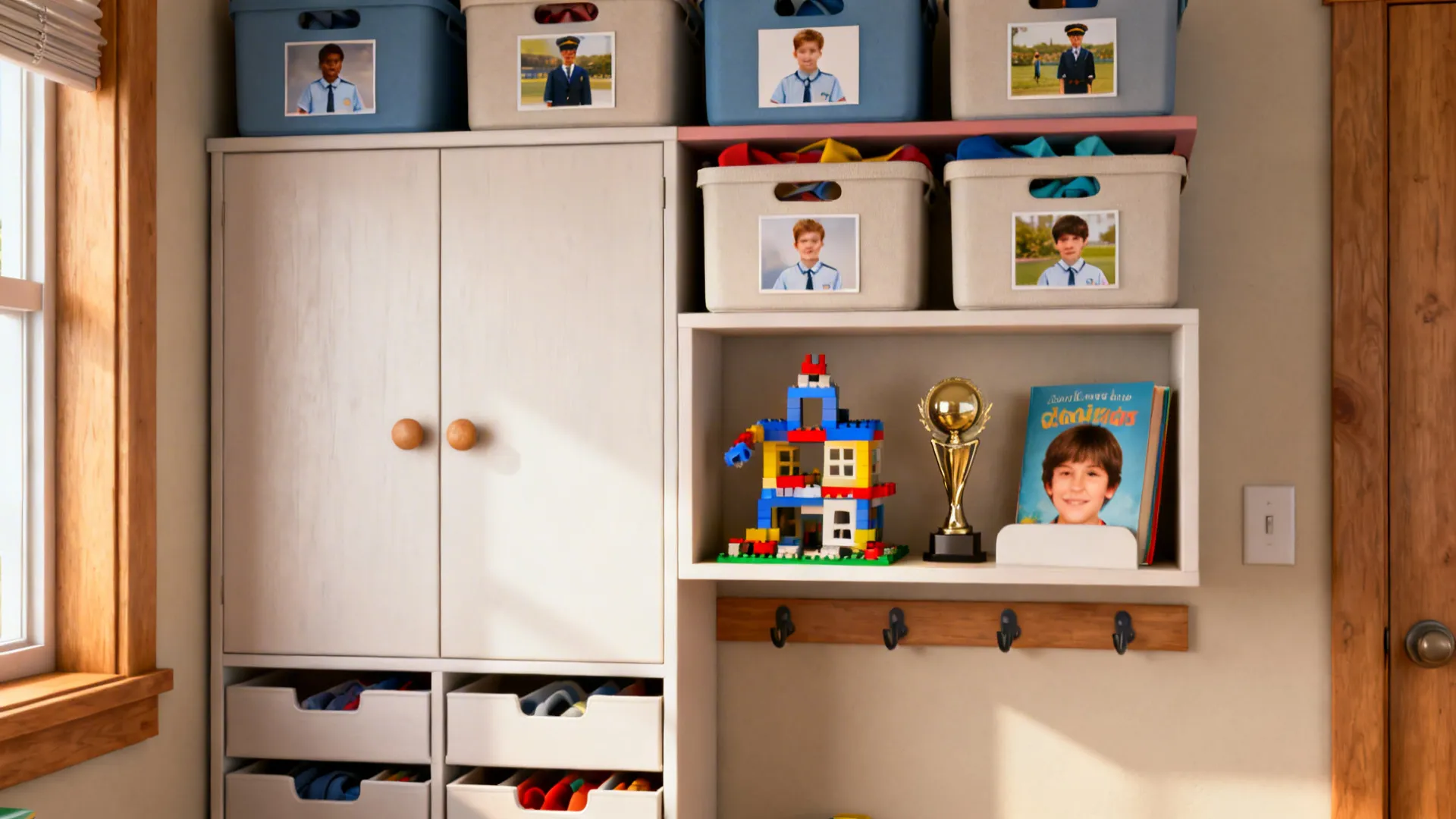 Storage wall with uniform closed bins and a small display shelf for curated items in a tidy kids room.
