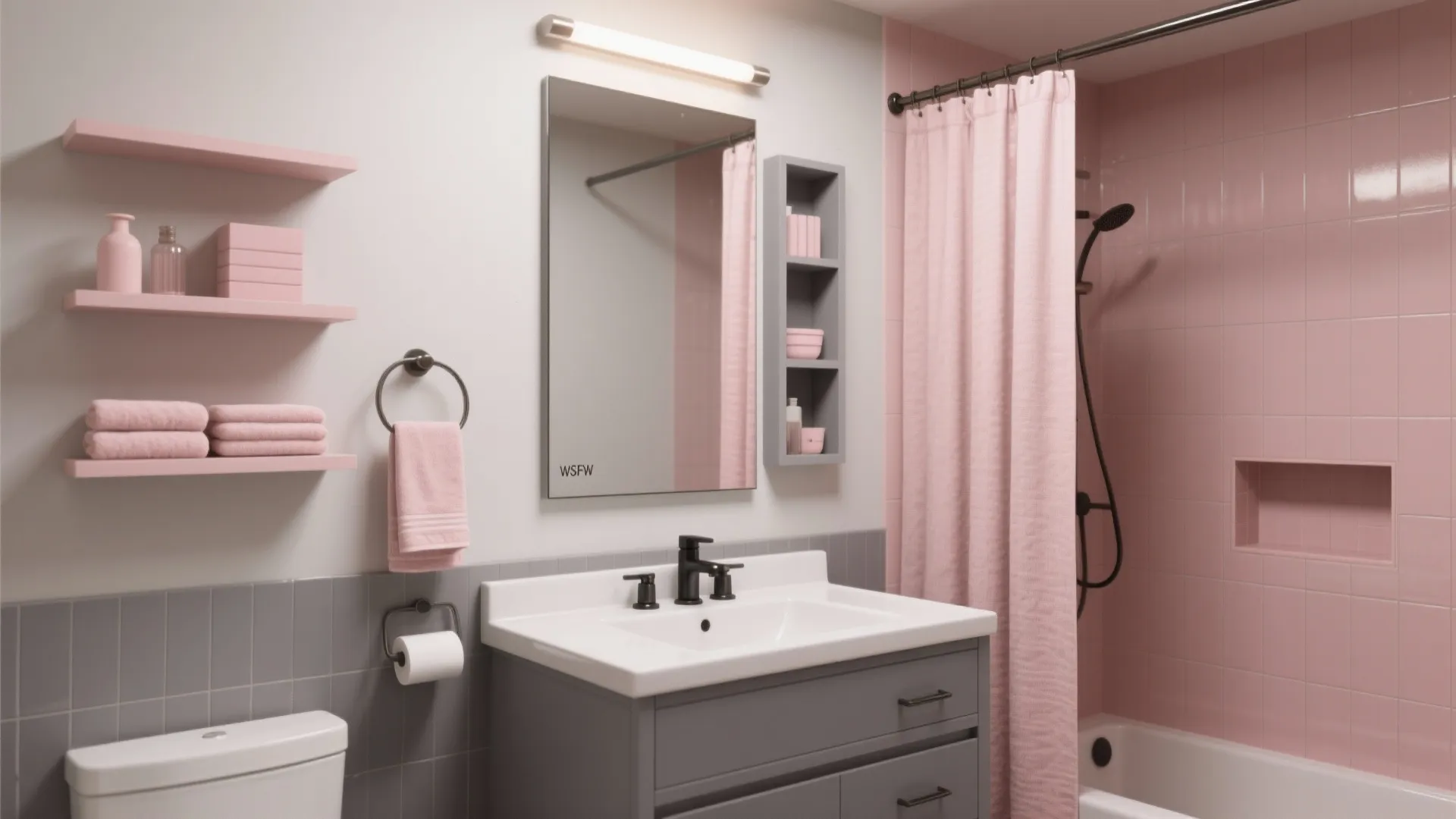 Pink and grey bathroom design with pink tiles curtain and shelves plus grey vanity cabinet