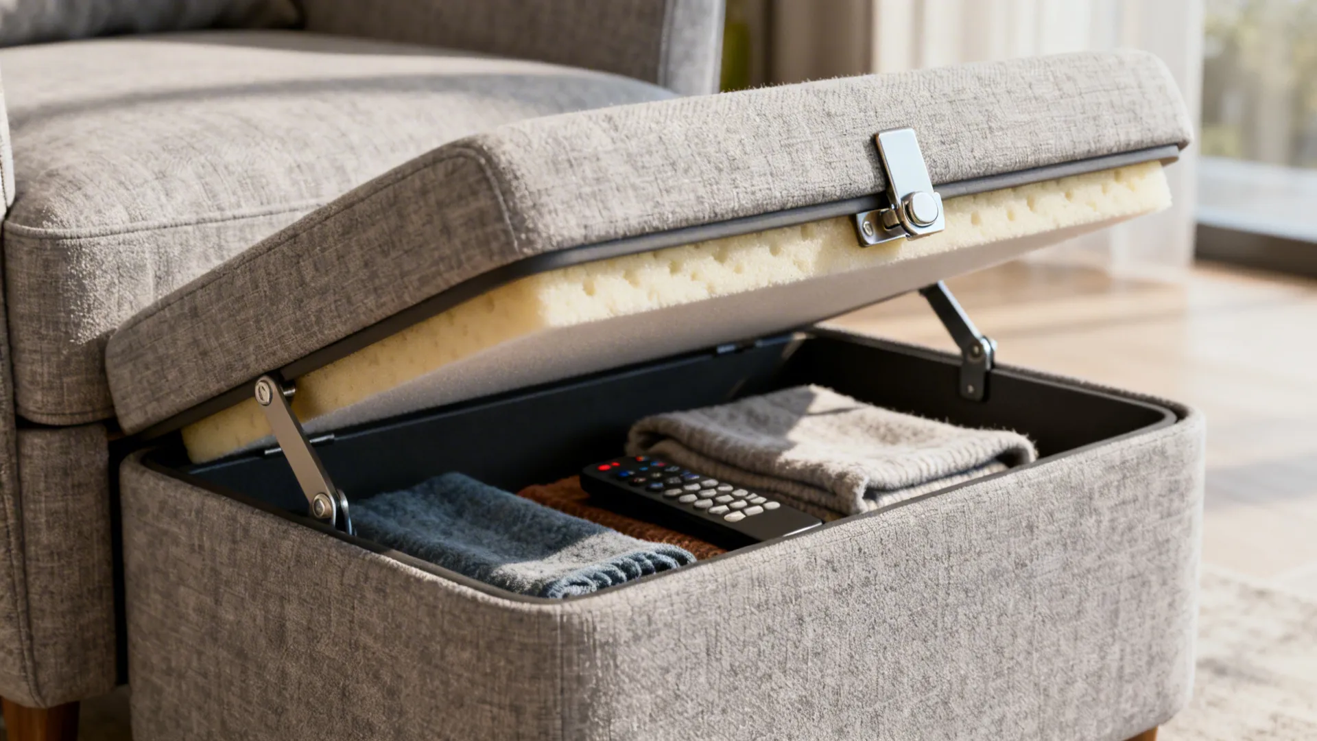 Compact accent chair with a lift-up seat showing hidden storage for throws and remotes.