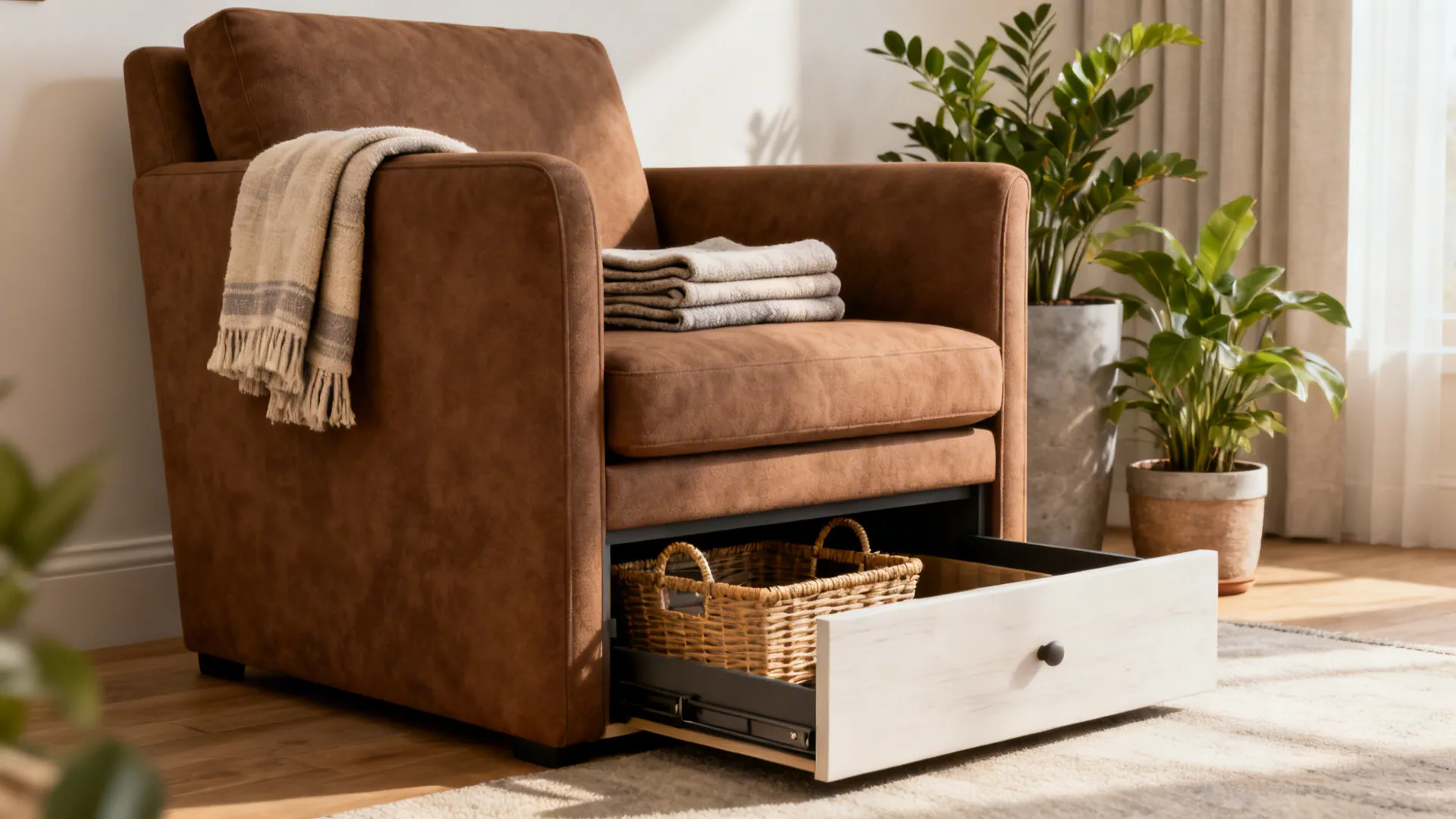 Brown accent chair with built-in storage and baskets underneath in a small living room