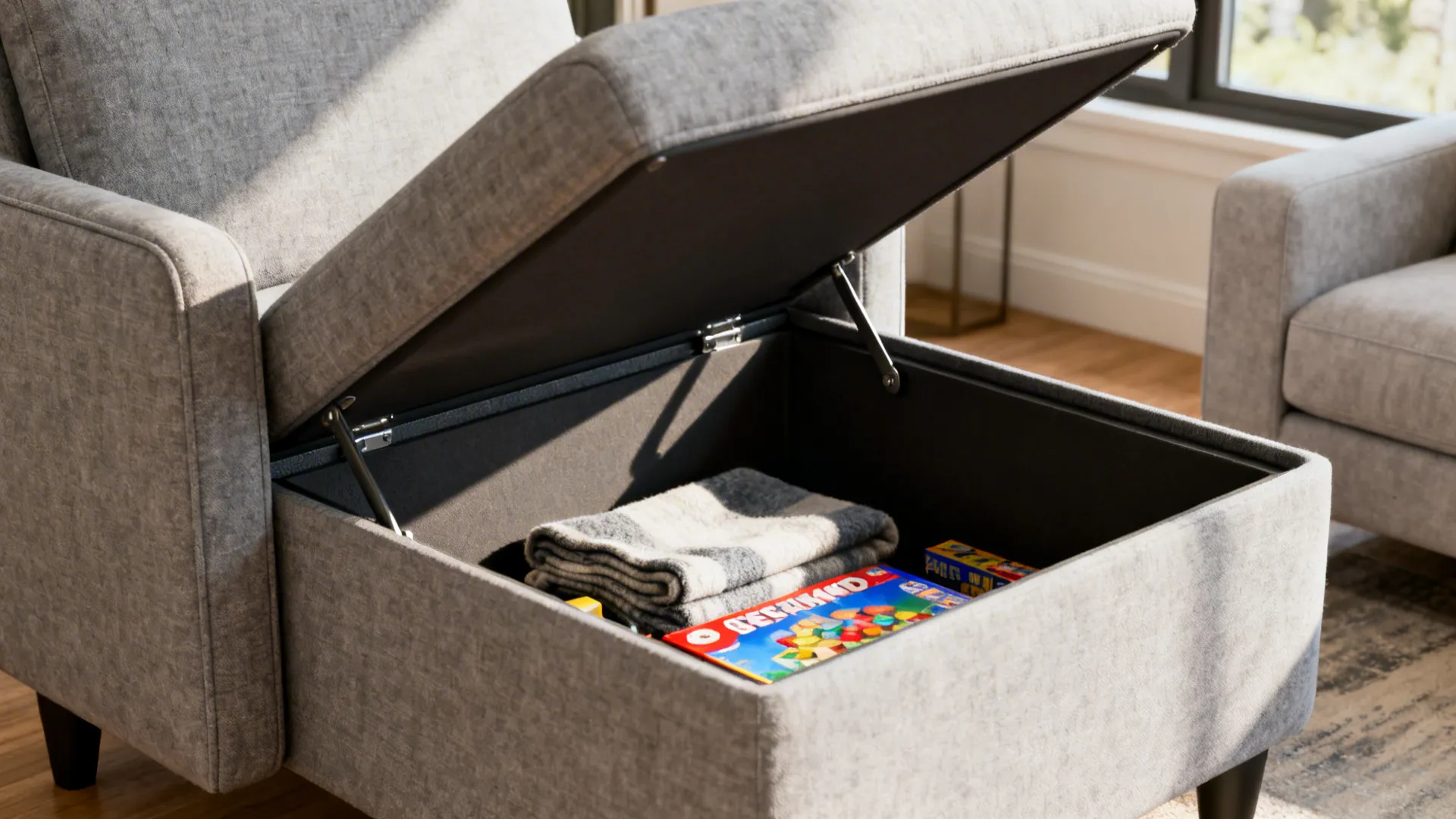 Grey accent chair with a lift-up cushion revealing built-in storage in a compact living area.