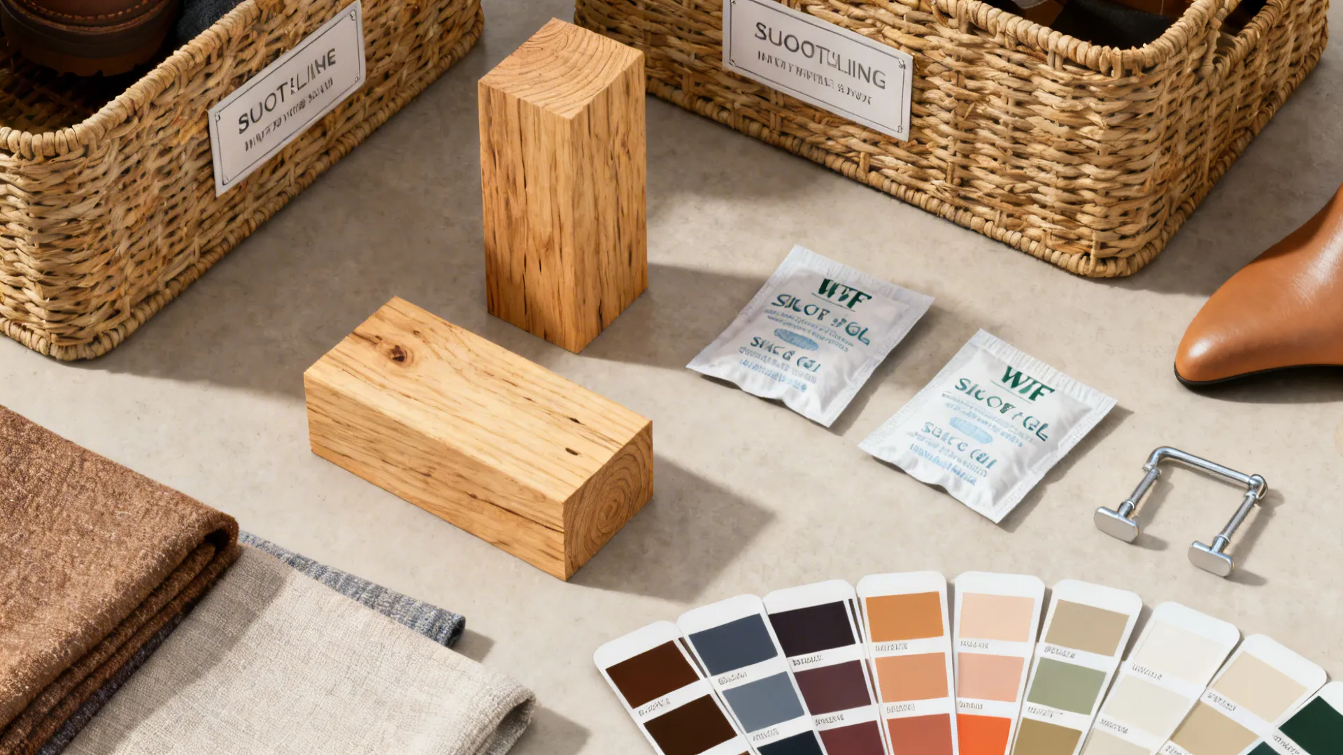 Flatlay of shoe-storage accessories like cedar blocks, silica sachets and boot shapers.