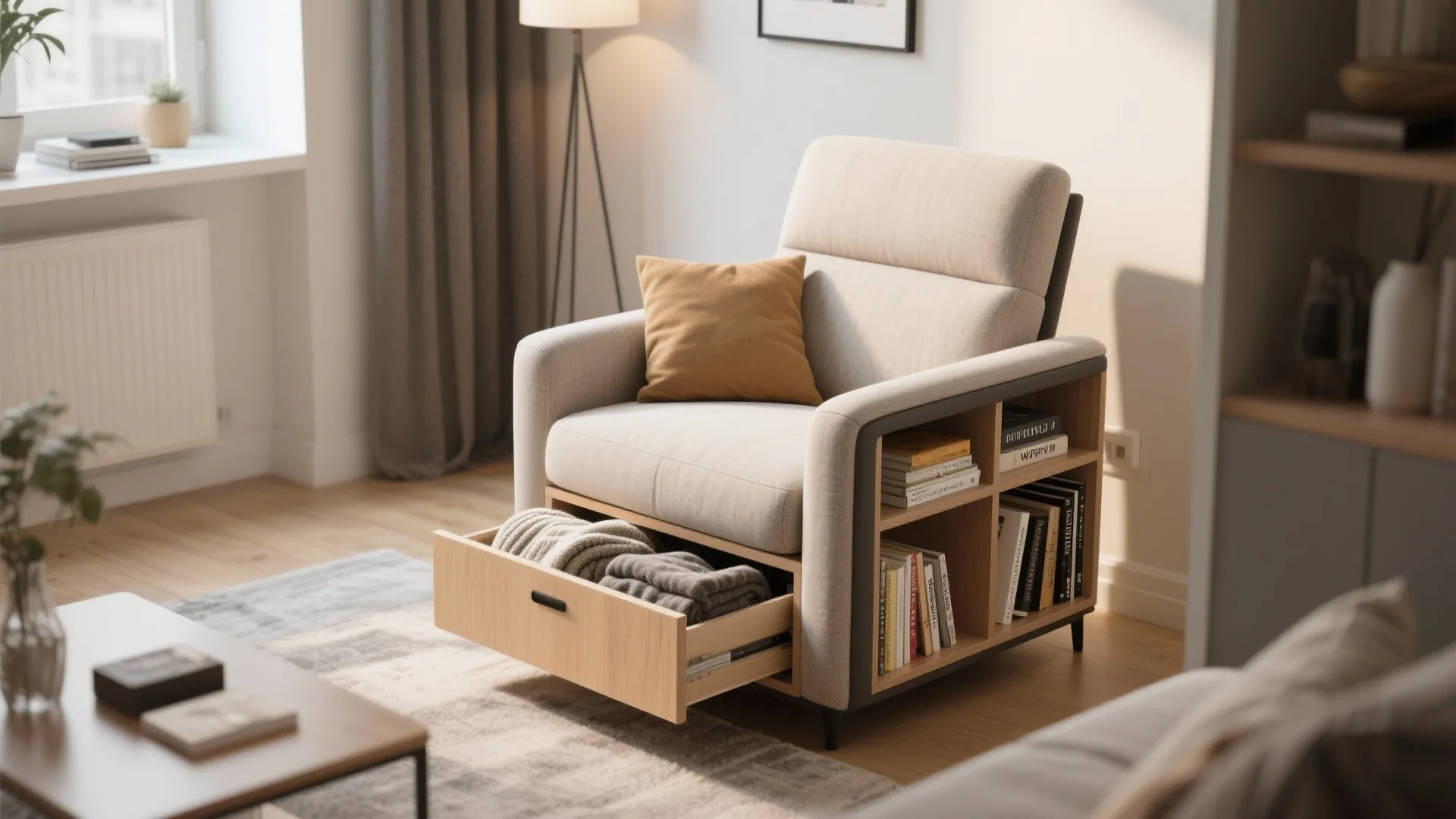 Armchair with hidden storage in a compact living room