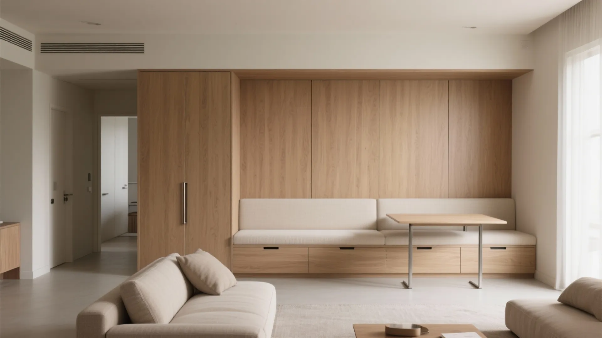 3) A storage wall that eats clutter—and a banquette that seats more