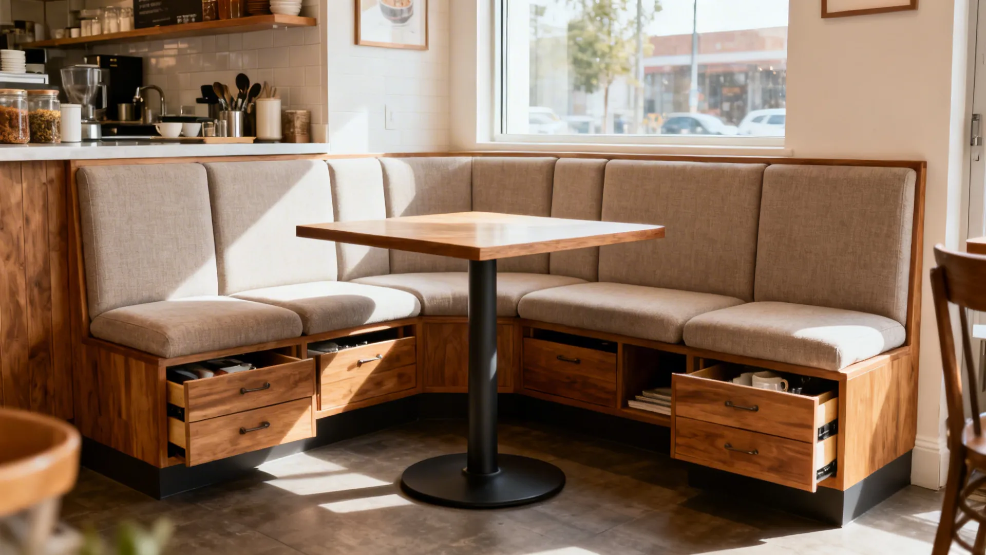 U-shaped kitchen banquette with drawer storage and a pedestal table seating six.