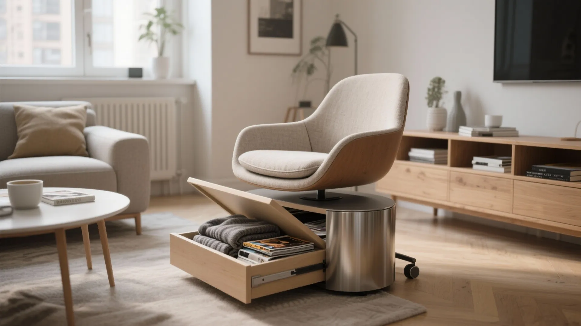 2. Swivel Chair with Built-In Storage Base