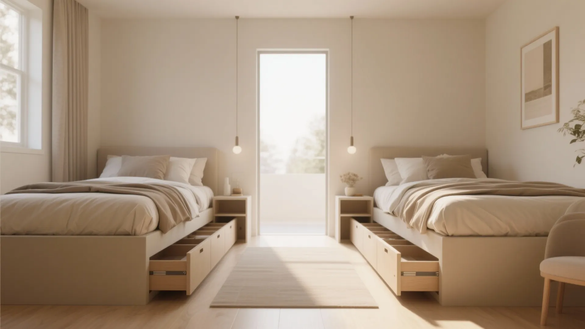 Two single beds with open storage drawers underneath facing a balcony in a bright room