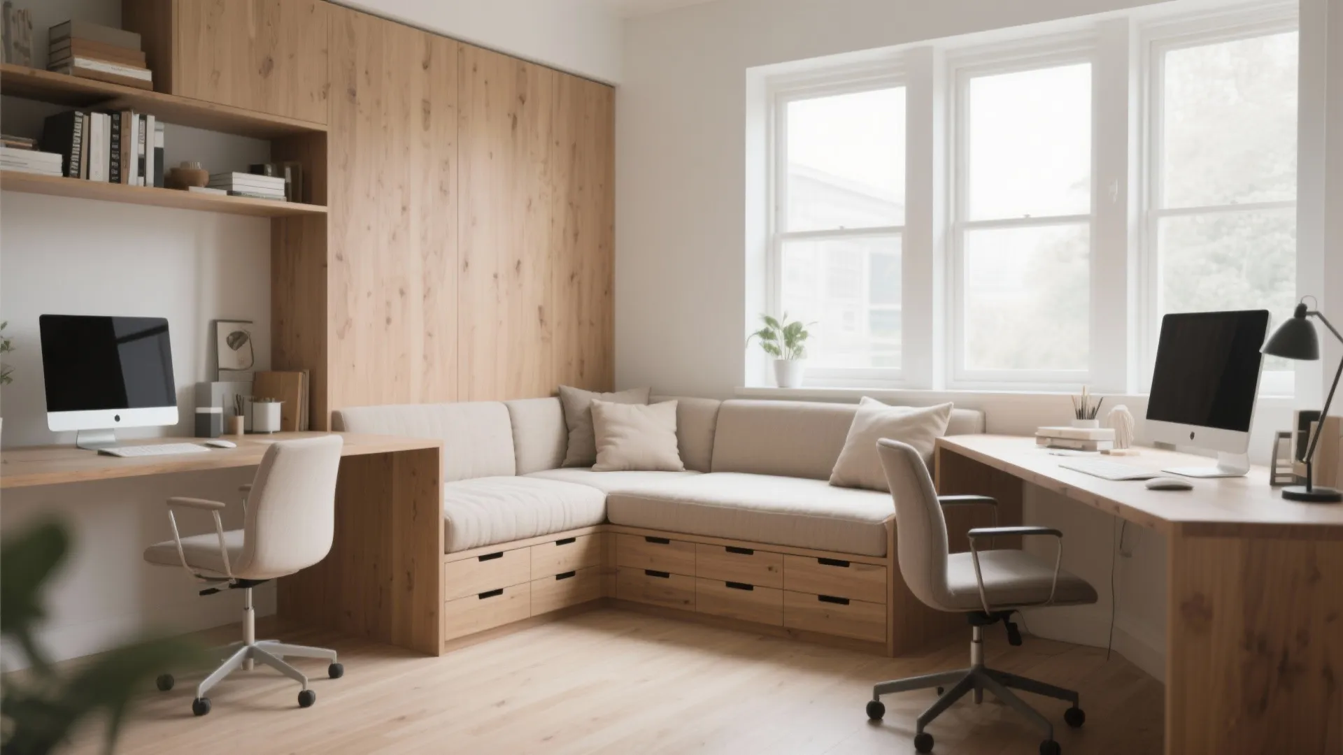 Home office with daybed featuring built-in drawers