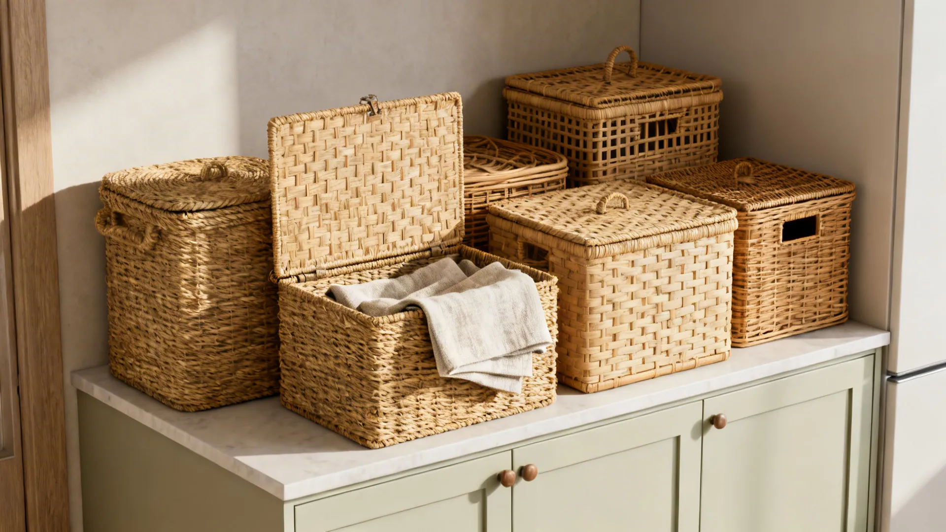 Woven storage baskets on a marble kitchen counter with light green cabinets and folded cloth