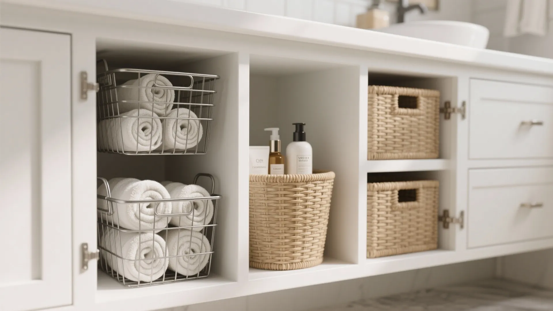 White bathroom cabinet featuring wire and woven storage baskets filled with towels and toiletries bottles