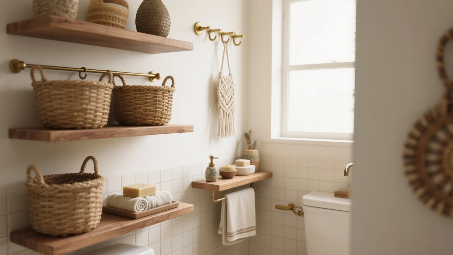 Wooden bathroom shelves with woven baskets holding towels and soap next to a white window