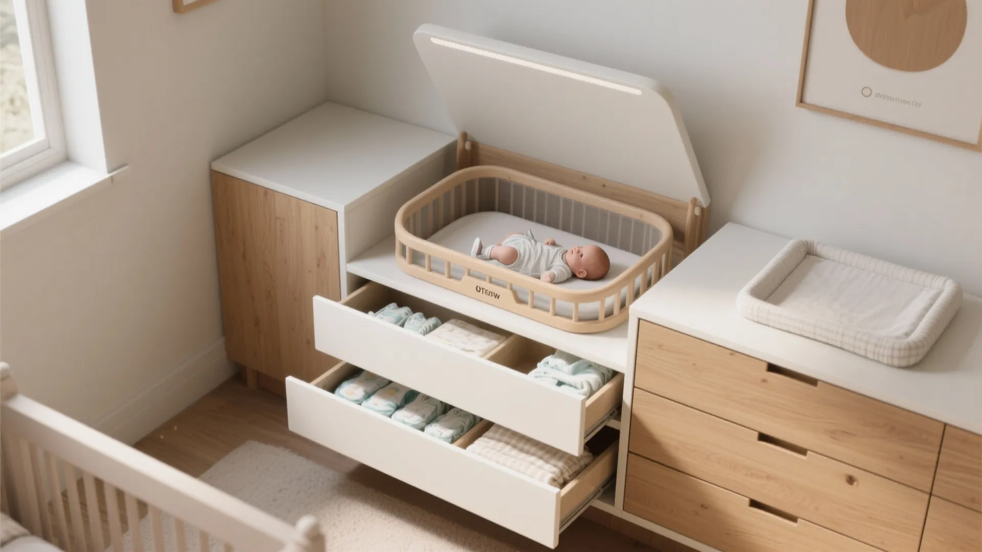 Wooden baby changing table with open drawers containing folded clothes and a small infant inside