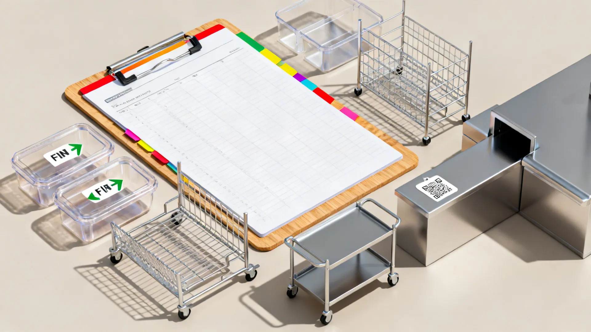 Wooden clipboard with paper sheet beside small metal storage carts and clear plastic organization boxes