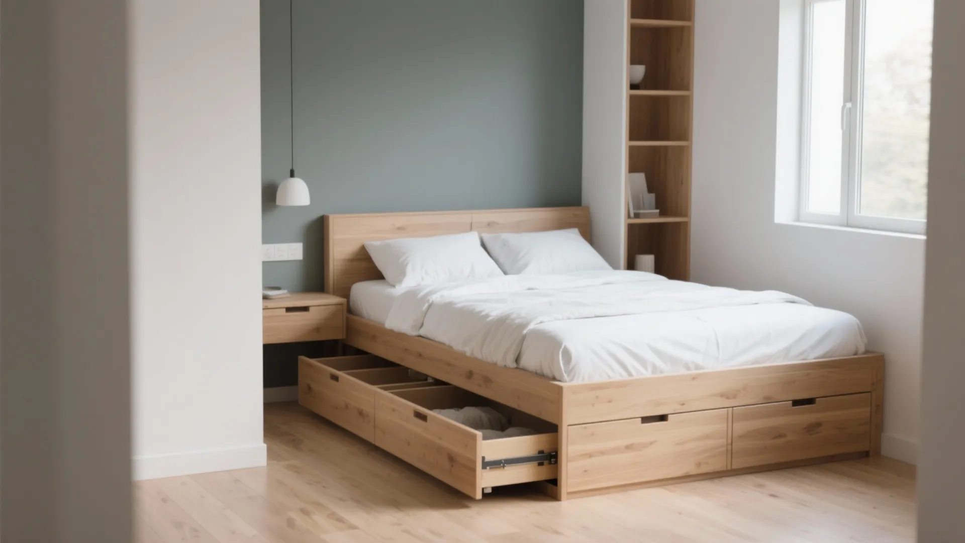 Modern wooden bed with open storage drawers showing inside space against a green wall background