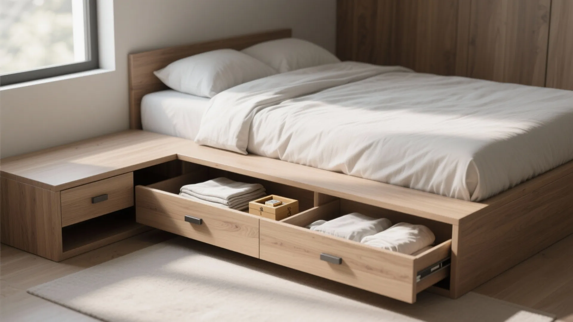Modern wooden bed frame with open under bed storage drawers containing neatly folded white clothes