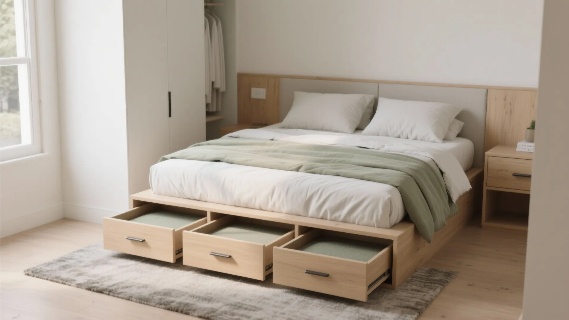 Wooden bed with three open storage drawers underneath next to a white cabinet and window