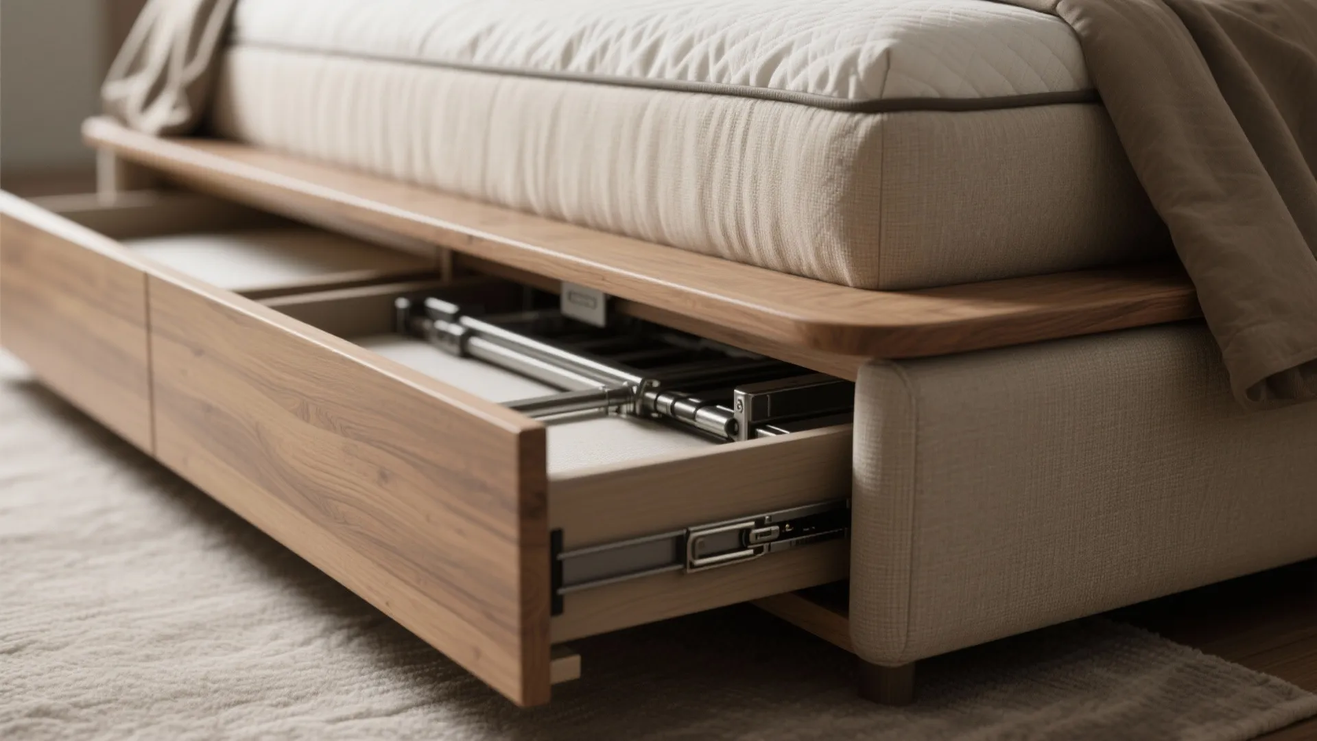 Close-up of storage bed details: drawer runners, hydraulic lift, oak veneer and linen upholstery.