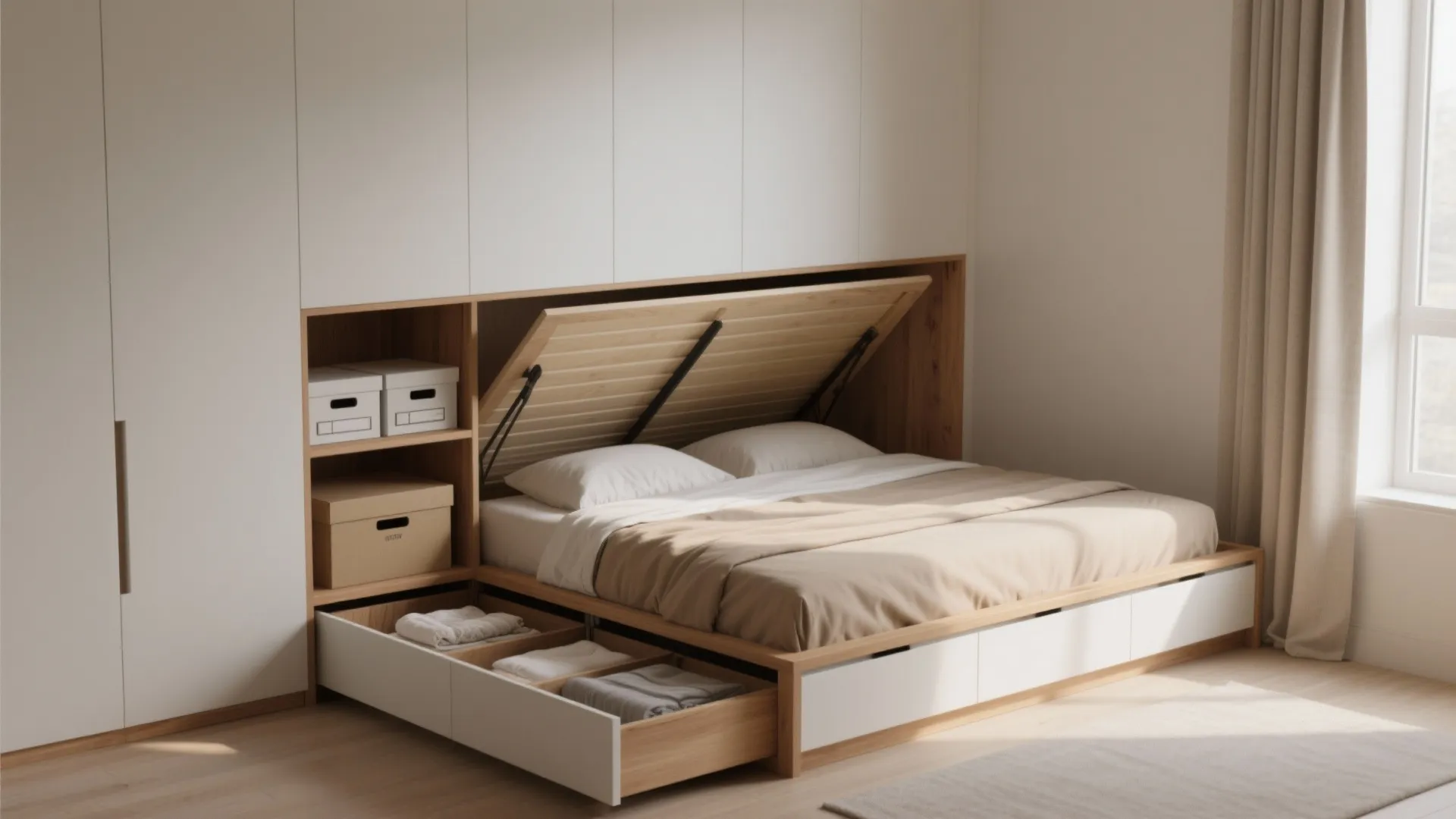 Lift-up storage bed opened to show organized boxes and linens under the mattress
