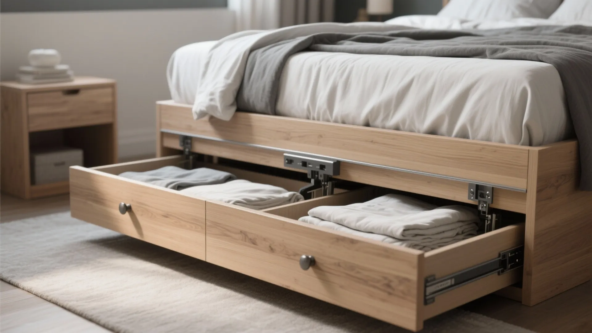 Wooden bed frame with open storage drawer underneath containing folded clothes and neutral color bedding