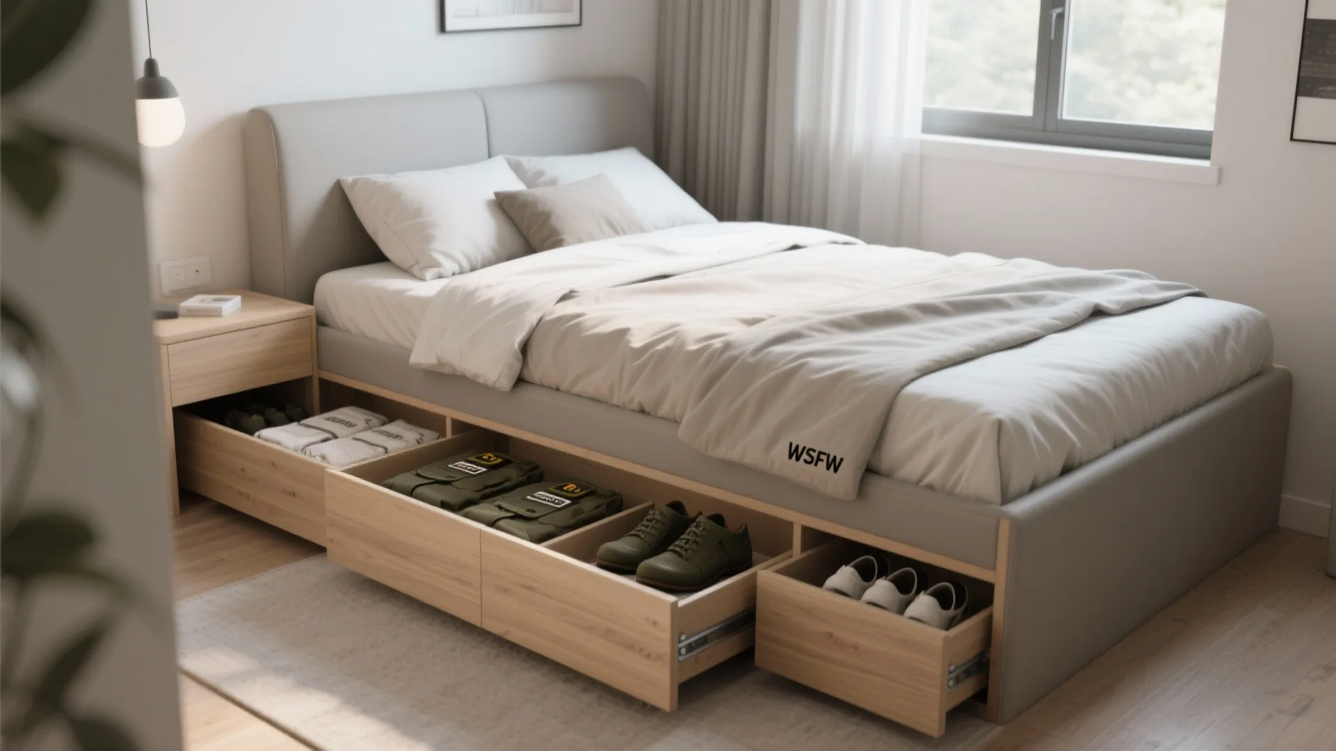 Light grey bed with wooden storage drawers pulled out to show clothes and shoes inside