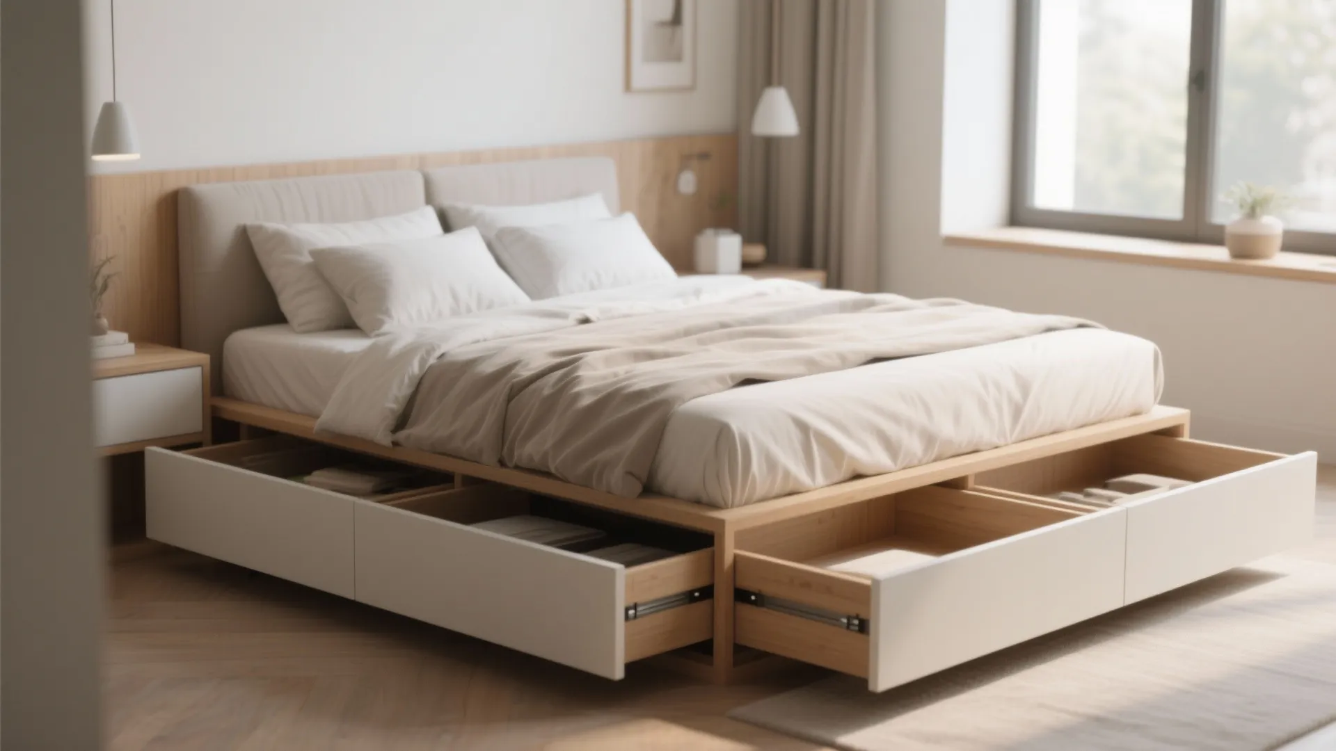 Wooden bed frame with open storage drawers showing organized clothes in a bright modern bedroom