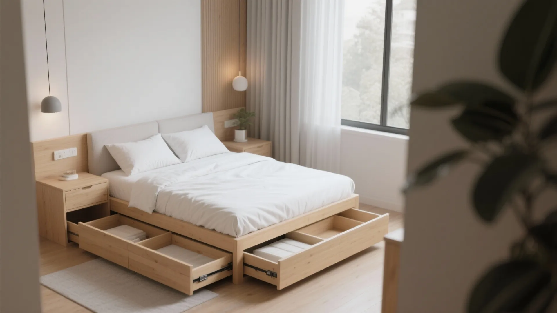 Storage bed with pull-out drawers in small bedroom