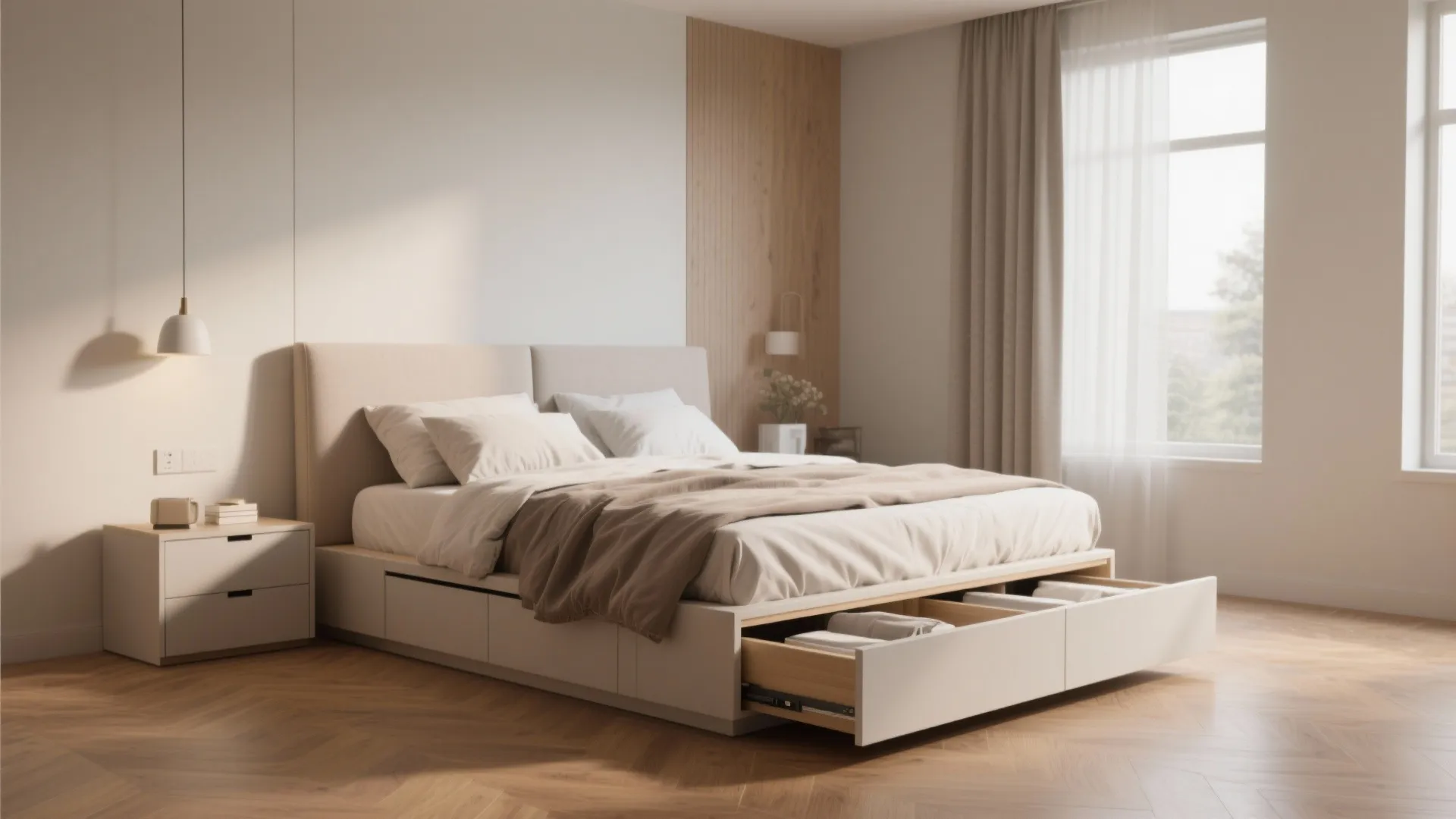 Beige bed with open storage drawers on wood floor next to window with long curtains