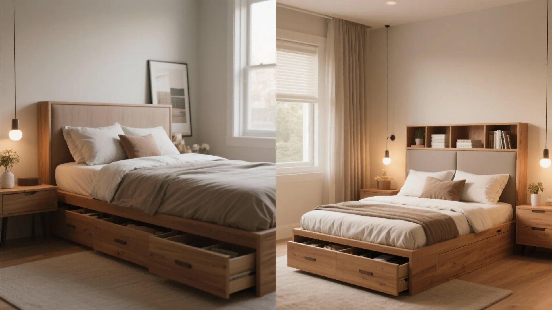 Side-by-side comparison of two wooden beds showing built-in storage drawers and headboard shelves for small bedrooms