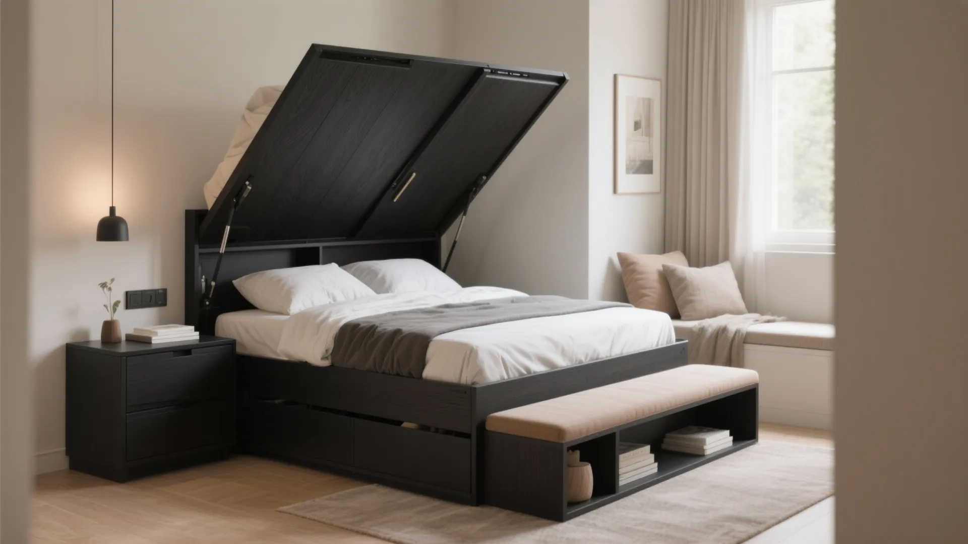 Black wooden storage bed with lifted mattress showing hidden compartment bench seat and bright window
