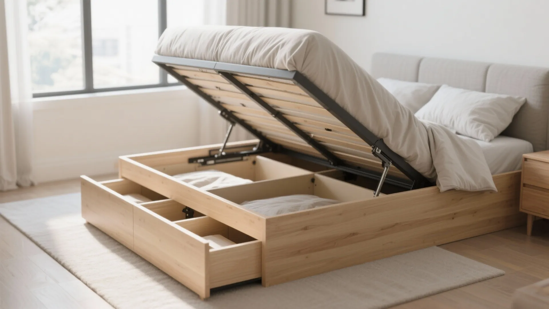 Hydraulic-lift storage bed with linen bedding and hidden compartments